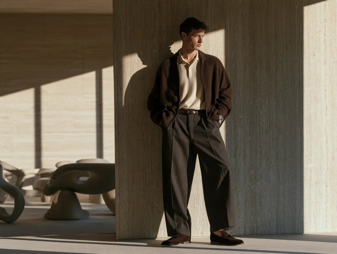 Abbigliamento uomo autunno 2026: giacca in lana marrone con zip, polo in maglia crema e pantaloni in flanella con pince